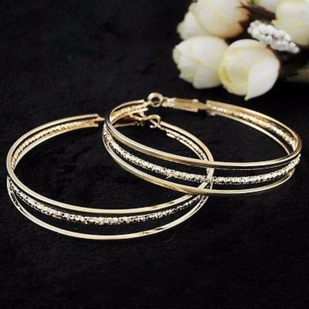 Gold finish Three tiered Large Hoop earrings.